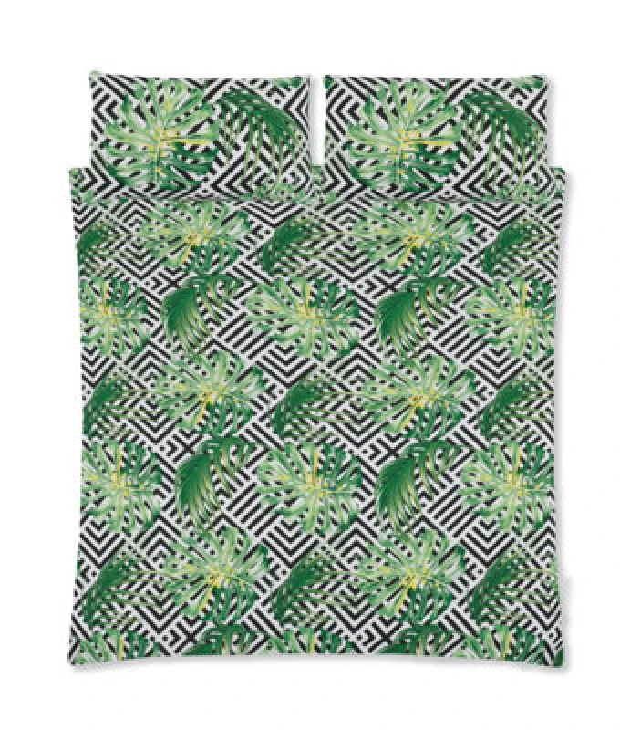 Image of Velosso Nature-Inspired Green Duvet Cover Set With Pillowcases, Breathable Cotton Blend Tropical Print Bedding - Green