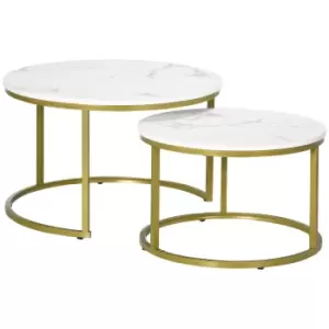 image of HOMCOM Coffee Table Set of 2, Round Nest of Tables with Faux Marble Tabletop and Metal Frame, Modern Side Tables for Living Room, White