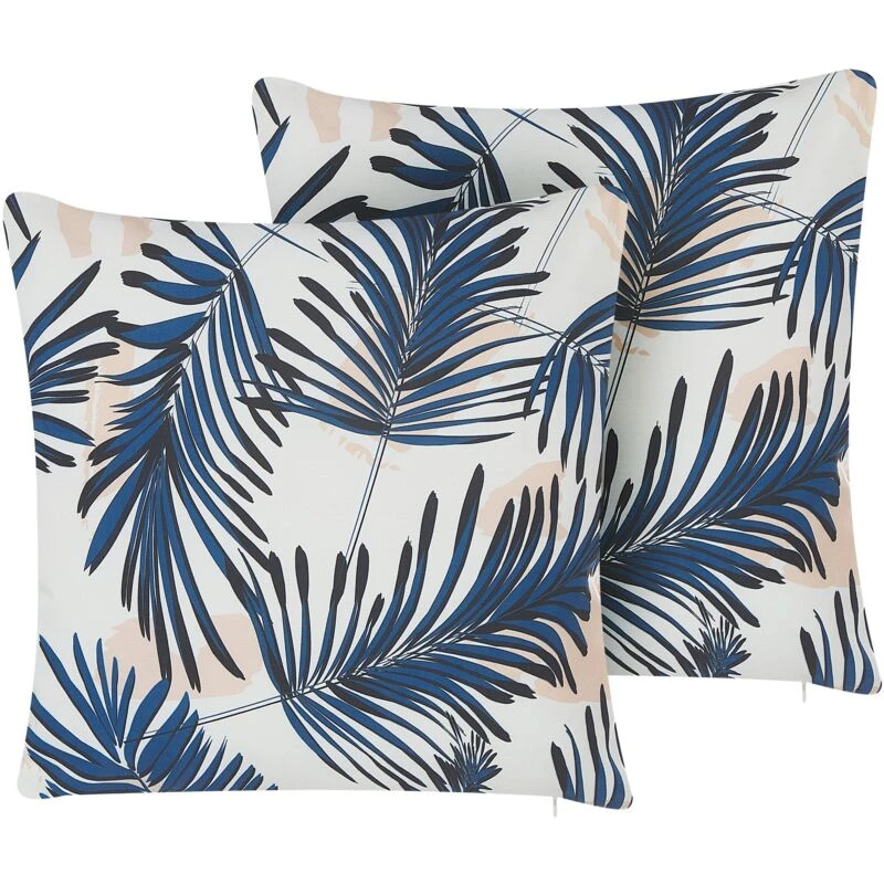 Image of Beliani Set Of 2 Outdoor Cushions Elati Plant Pattern 45 X 45cm Navy Blue