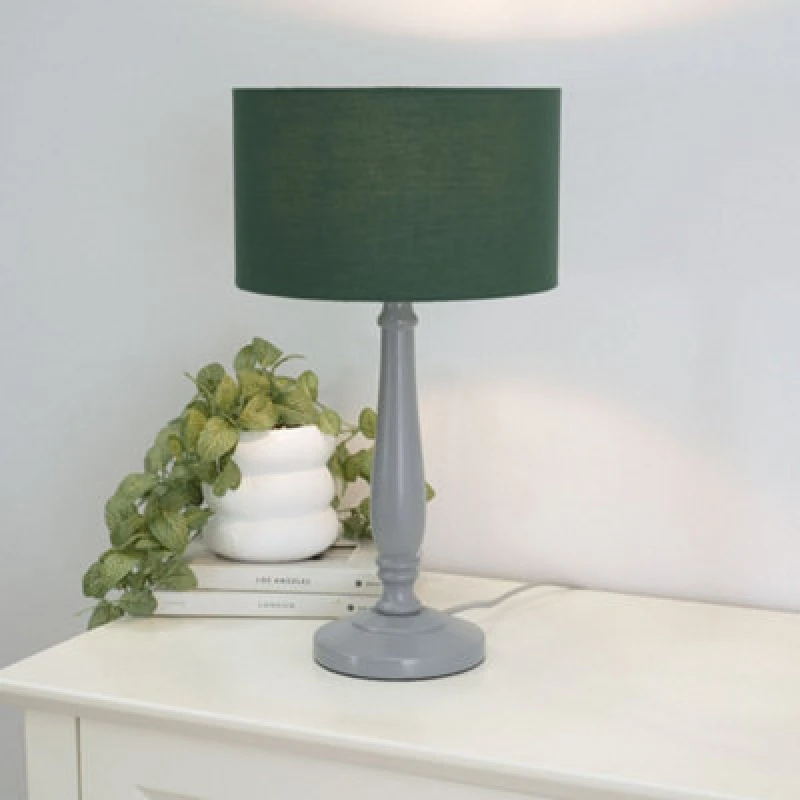 Image of ValueLights Victoria Grey Wood Traditional Table Lamp with Fabric Drum Shade and LED Bulb Green