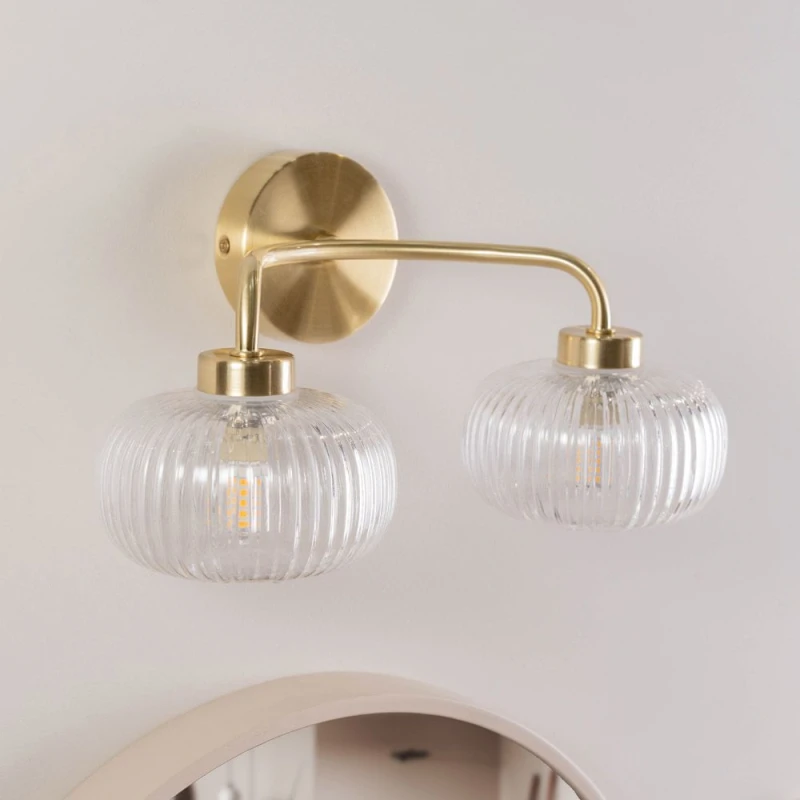 Image of ValueLights Amaia Pair of Brushed Gold IP44 Rated 2 Way Clear Ribbed Glass Wall Lights Gold