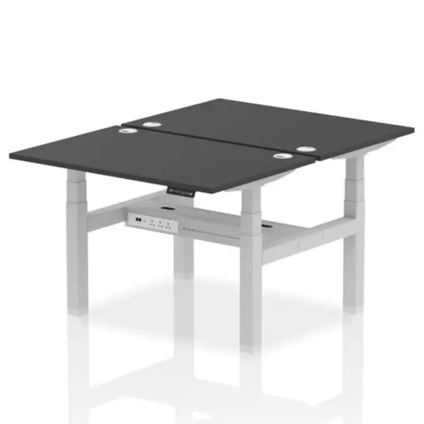 Image of Air Air Back-to-Back 1200 x 800mm Height Adjustable 2 Person Bench Desk Black Top with Cable Ports Silver Frame HASCP2P12800BLKS