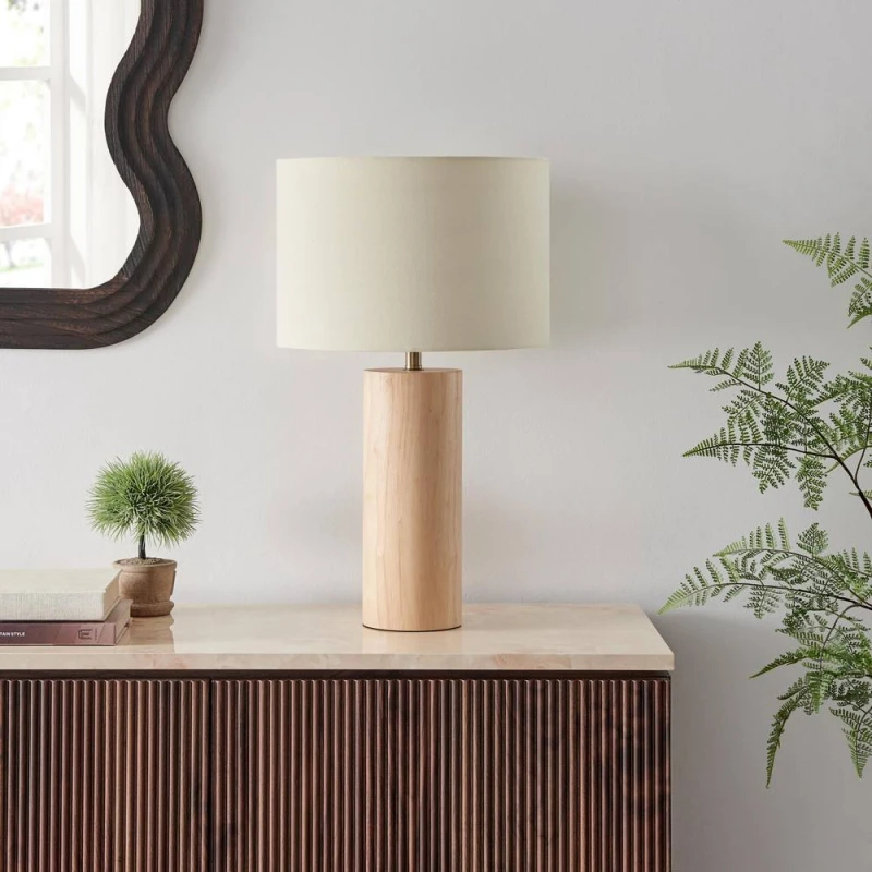 Image of FurnitureboxUK Connie Wood Cylindrical Pillar Table Lamp in Light Brown Light Brown Unisex
