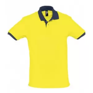 image of SOLS Prince Unisex Contrast Pique Short Sleeve Cotton Polo Shirt (S) (Lemon/French Navy)