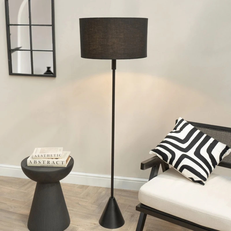 Image of ValueLights ValueLights Mitch Fabric Drum Lamp Shade Black Wood Stem Triangle Floor Lamp with LED Bulb Black One Size Unisex 5059406066627