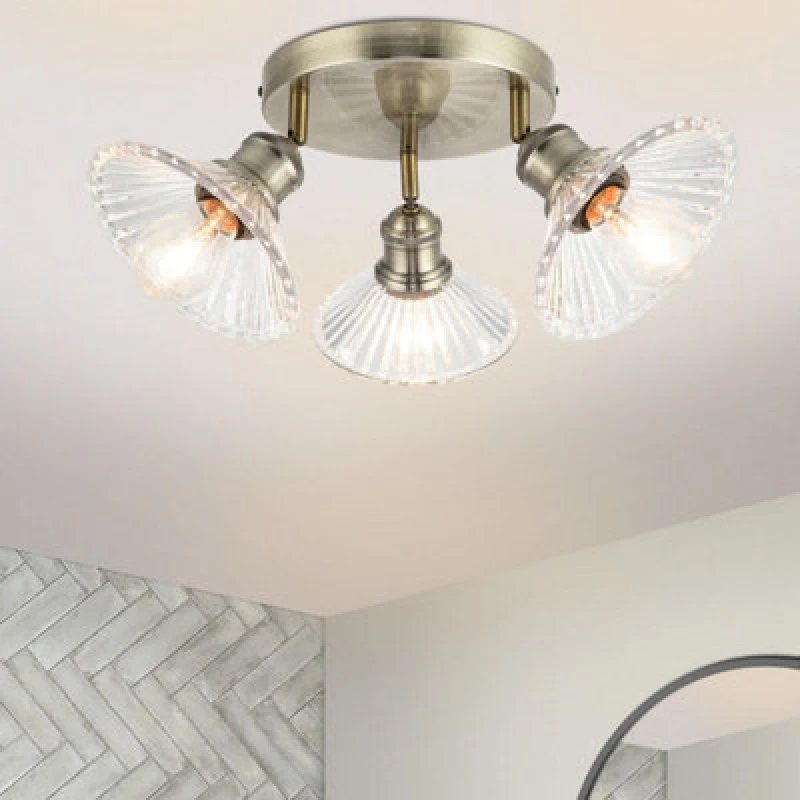 Image of COSYLYTE Cosylyte Milan Bathroom 3 Light Round Plate Ribbed Glass Spotlight - Size: 23 x 22.5 x 22.5cm - Gold - Wilko Gold