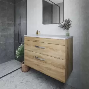 image of Nuie - Athena Wall Hung 2-Drawer Vanity Unit with Grey Worktop 800mm Wide - Natural Oak