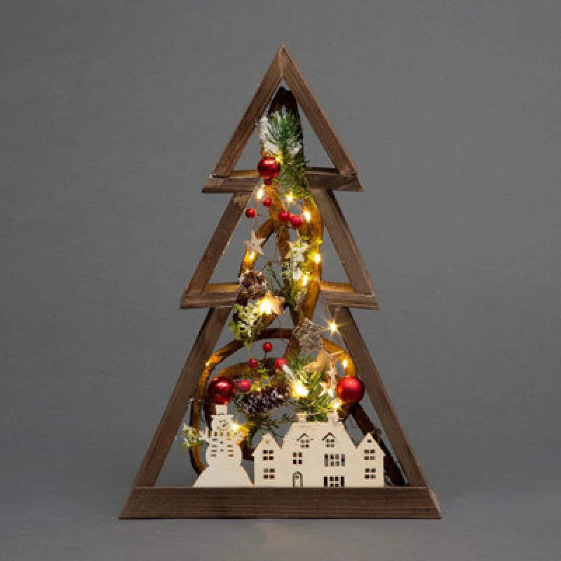 Image of Shatchi 40cm Prelit Wooden Tree Frame Tabletop Decorations Xmas Ornament Gifts Decorated with Leaves Pine Cones Berries 3D Nordic Scene Brown
