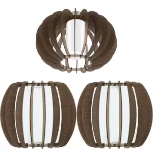 Image of Low Ceiling Light & 2x Matching Wall Lights Walnut Wood & White Glass Shade Lamp