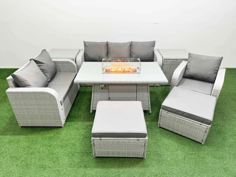 Image of Fimous Patio PE Wicker 8 Seater Outdoor Rattan Furniture Sofa Sets with Firepit Dining Table Loveseat Sofa 2 Big Footstools 2 Side Table