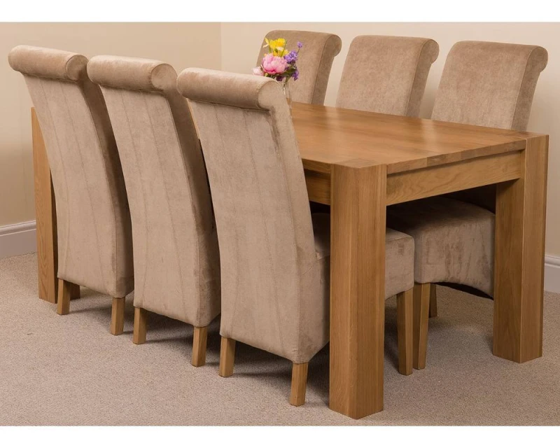 Image of Thats Furniture Kuba 180 x 90cm Chunky Oak Dining Table & 6 Montana Fabric Chairs in Beige Beige Unisex 180 x 90 cm
