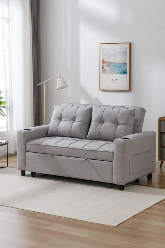Image of More4Homes Hudson 2-seater Sofa Bed Linen Fabric With Cup Holders Light Grey 5.05574E+12