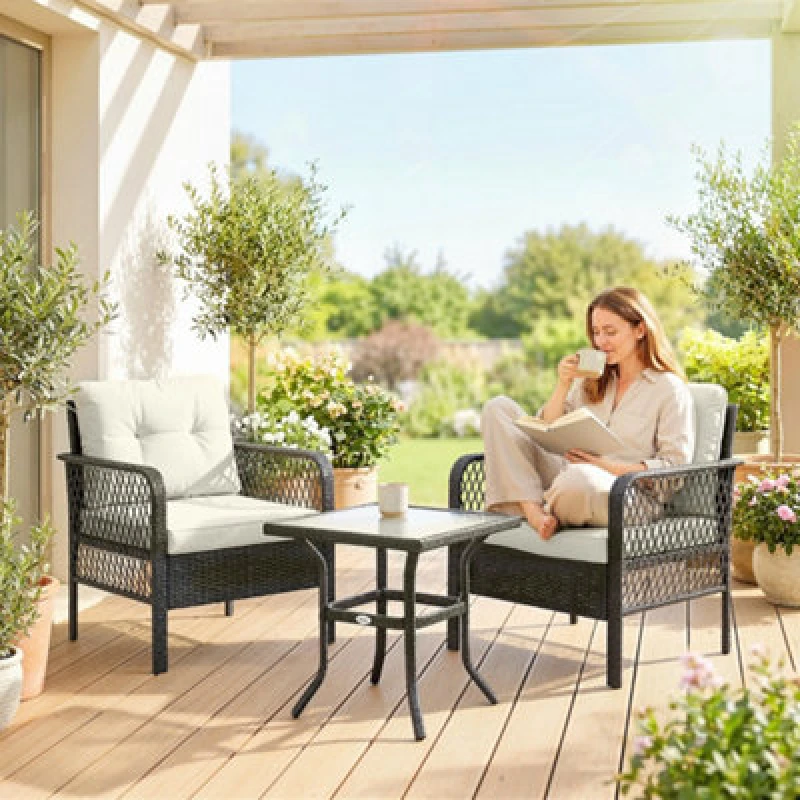 Image of OUTSUNNY 3 Pieces Rattan Bistro Set with Tempered Glass Table Cream Cream Unisex