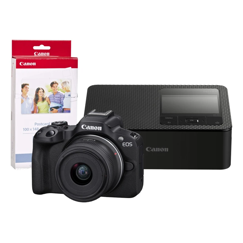 Image of Canon EOS R50 Camera inc RF-S 18-45mm Lens. CP1500 Printer and KP-36IP