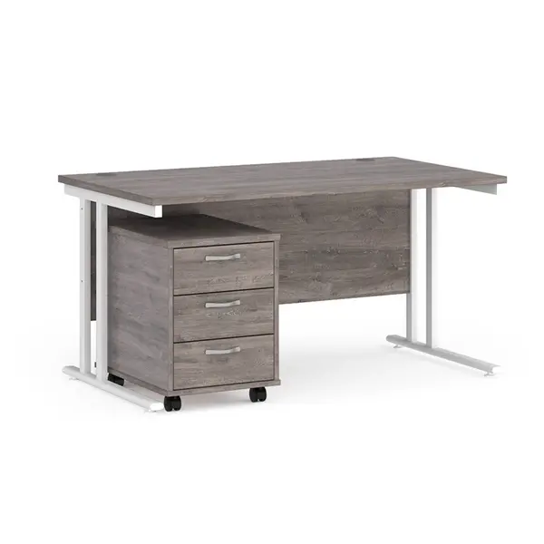 image of Maestro 25 Straight Desk White Frame Grey Oak Table Top and 3 Drawer Pedestal - 1400mm