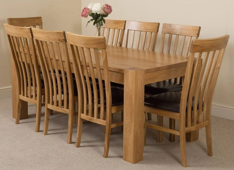 Image of Thats Furniture Kuba 180 x 90cm Chunky Oak Dining Table & 8 Harvard Chairs in Brown Brown Unisex 180 x 90 cm