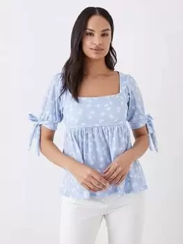 Image of Dorothy Perkins Square Neck Tie Sleeve Top - Blue Size L, Women