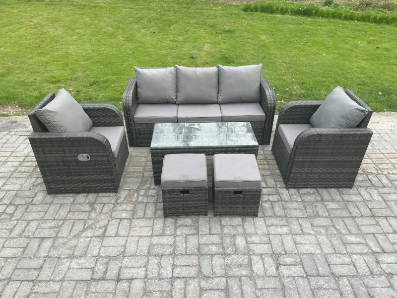 Image of Fimous 7 Seater Outdoor Garden Furniture Sets Wicker Rattan Furniture Sofa Sets with Rectangular Coffee Table Reclining Chair Dark Grey