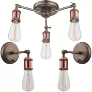 Image of 3 Lamp Ceiling Pendant & 2x Matching Wall Light Pack Tarnished Aged Copper Kit