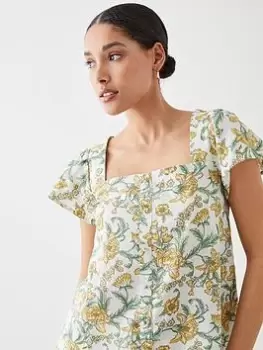 Image of Dorothy Perkins Floral Linen Look Button Front Blouse - Yellow, Yellow, Size 10, Women
