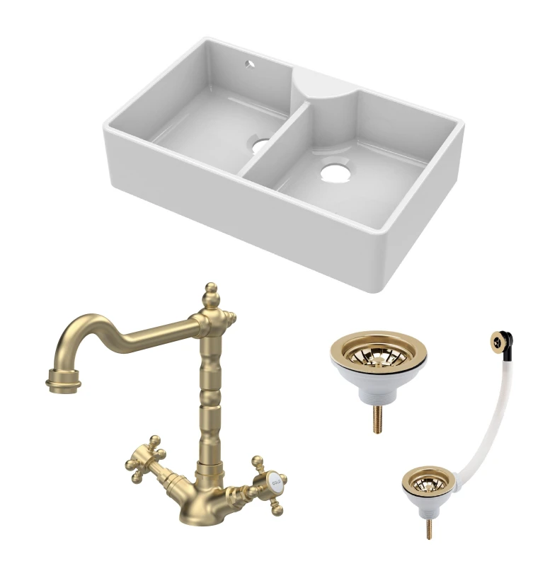 Image of Balterley Fireclay 2 Bowl Stepped Weir Butler Sink Wastes Tap 895mm White unisex