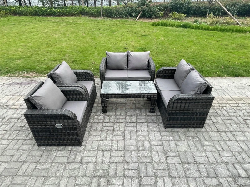 Image of Fimous Patio Garden Furniture Sets Wicker 6 Seater Outdoor Rattan Furniture Sofa Sets with Rectangular Coffee Table Reclining Chair Dark Grey