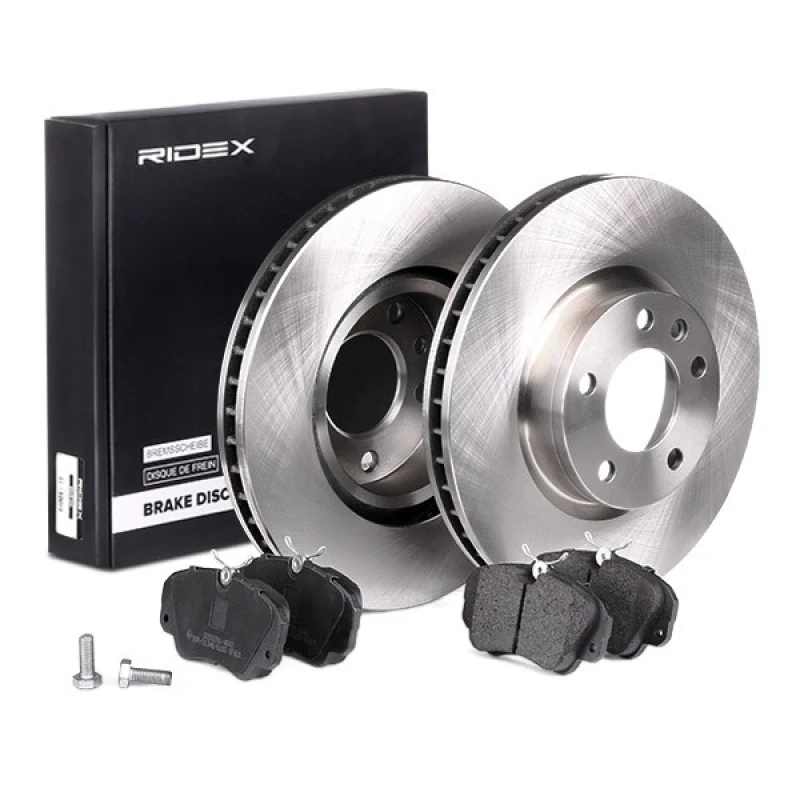 Image of RIDEX 3405B0173 Brake disc and pads set Front Axle, Brake Disc Type: Vented, excl. wear warning contact Brake Set,disc brakes (3405)