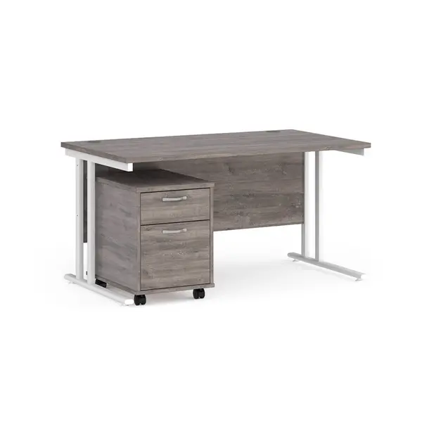 image of Maestro 25 Straight Desk with White Cantilever Frame and 2 Drawer Pedestal - Grey Oak - 1400mm x 800mm