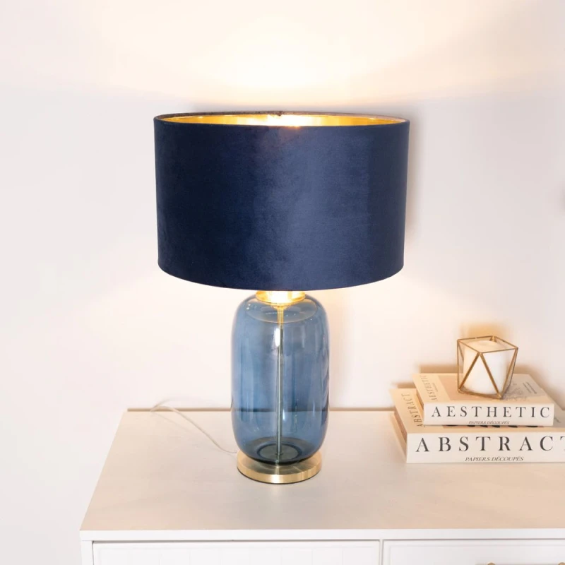 Image of ValueLights ValueLights Leigh Navy Blue and Gold Glass Table Lamp with Navy Velvet and Gold Inner Shade in Dark Navy Dark Navy One Size Unisex 5059406