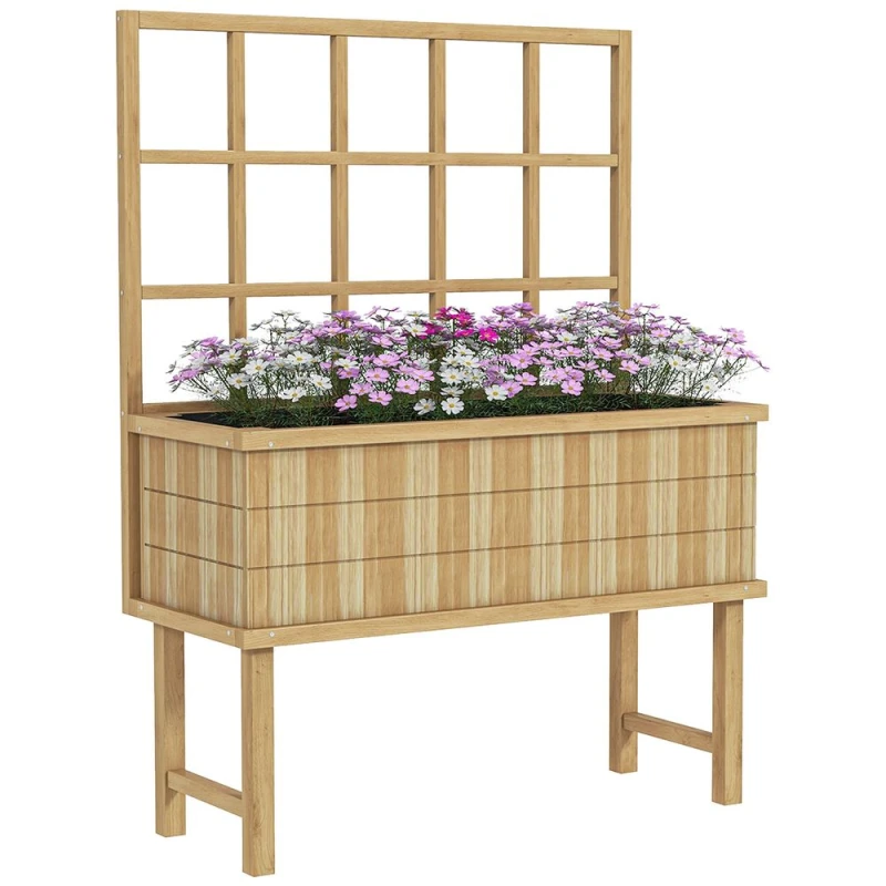 Image of Outsunny Wood Raised Planter with Trellis Drain Holes Elevated Garden Bed Natural, Yellow 84H-085V00ND
