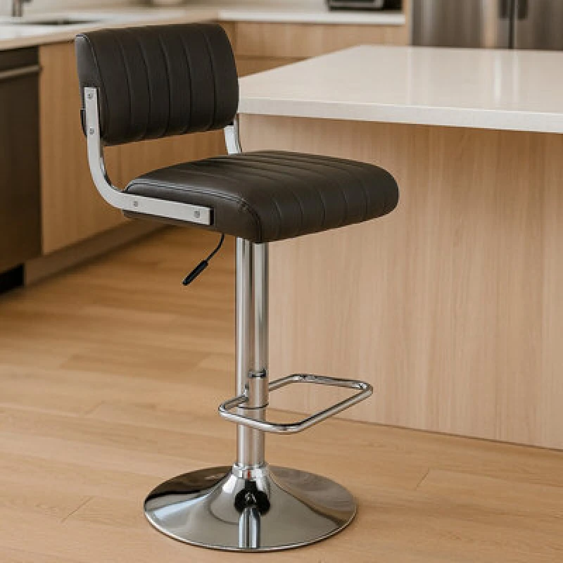 Image of Premier Housewares Interiors by Premier Light Grey Seat and Chrome Base Bar Stool, Adjustable Height Kitchen Bar Stool, Footrest Swivel Barstool Grey