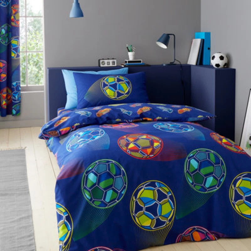 Image of Catherine Lansfield Bright Football Reversible Duvet Cover Set With Pillowcase Navy Blue