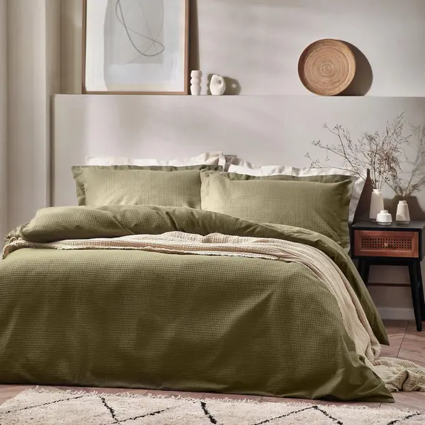 Image of Yard Waffle Textured 100% Cotton Duvet Cover Set Olive