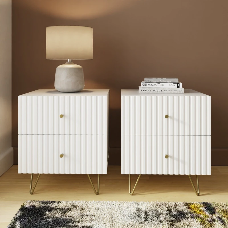 Image of GFW Thalia White Ribbed Pair of 2 Drawer Bedside Tables