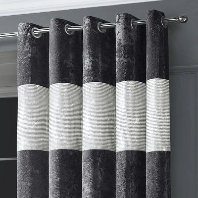 Image of Intimates Diamante Crushed Velvet Ready Made Eyelet Curtains - Charcoal