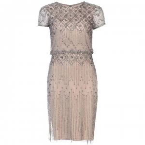 image of Adrianna Papell V Neck Beaded Dress - MERCURY/NUDE