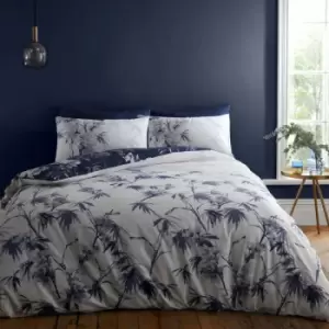 Image of Bianca Kyoto Leaf Print 100% Cotton Reversible Duvet Cover and Pillowcase Set, Navy, King