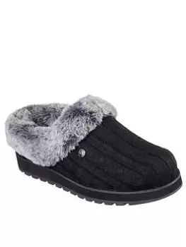 Image of Skechers Keepsakes Sweater Slipper - Black Cable Knit Sweater/ Faux Fur Trim, Black, Size 4, Women