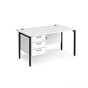 image of Rectangular Straight Desk White Wood H-Frame Legs Black Maestro 25 1400 x 800 x 725mm 3 Drawer Pedestal