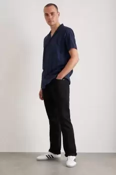 Image of Mens Navy Vertical Stripe Cotton Slub Revere Shirt