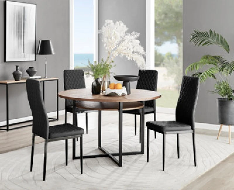 Image of FurnitureboxUK FurnitureboxUK Adley Brown Wood Storage Dining Table & 4 Velvet Milan Black Leg Chairs Black One Size Unisex 5056657141592