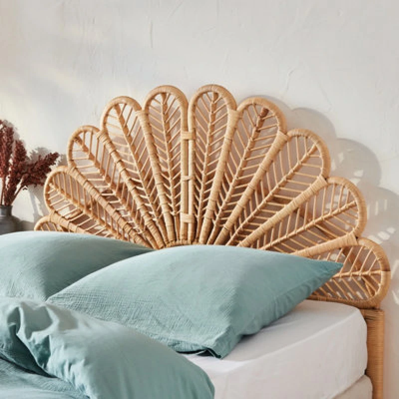 Image of sweeek Natural Rattan Headboard Double Bed 140cm Light Brown