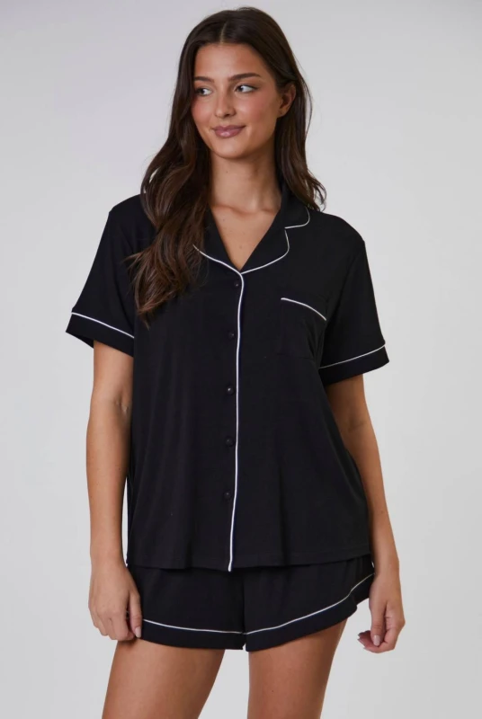 Image of Loungeable Womens Rib Short Sleeve Traditional Shirt & Shorts in Black Size: XL Black Female XL