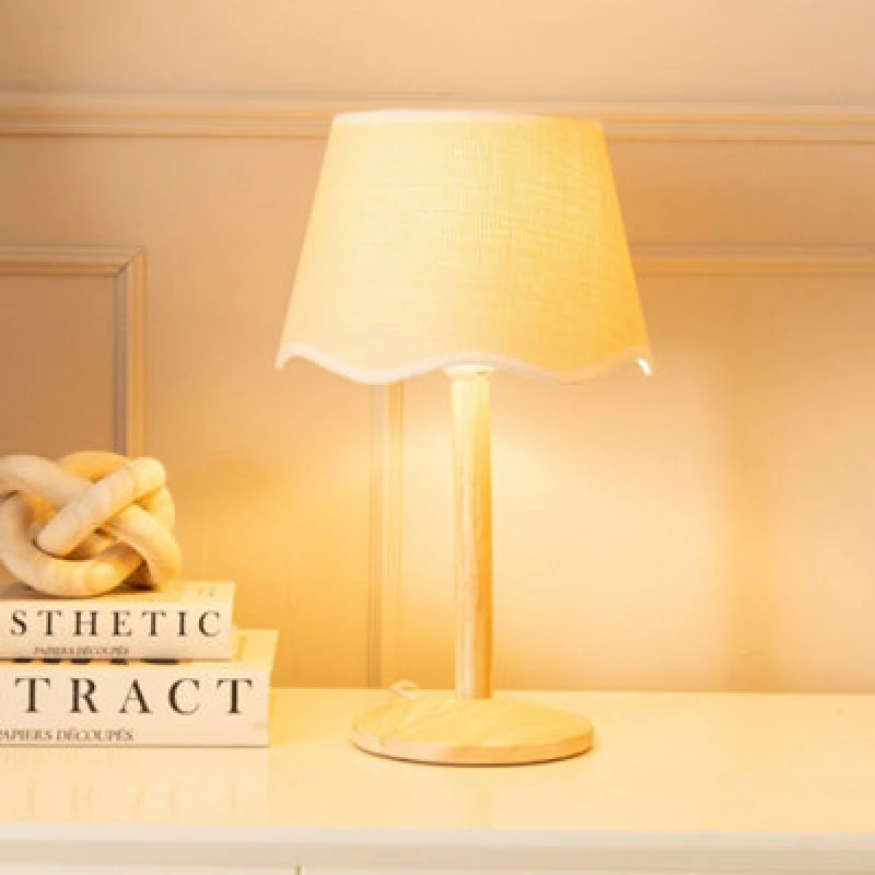 Image of ValueLights Triston Natural Light Wood Stem Table Lamp with Scallop Trim Tapered Lamp Shade White