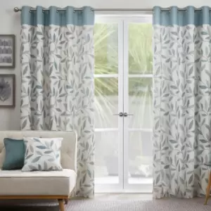 Image of Beechwood Leaf Trail 100% Cotton Eyelet Lined Curtains, Duck Egg, 46 x 54" - Fusion