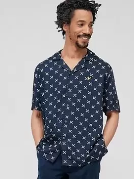 Image of Lyle & Scott Shuttle Print Reverse Collar Shirt - Navy Size M Men