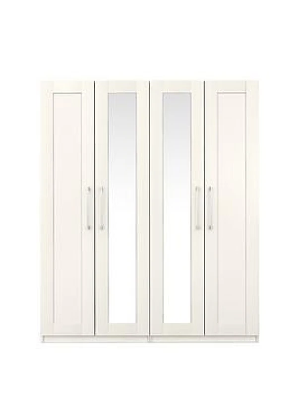 Image of One Call Furniture Avignon 4 Door Wardrobe With Two Mirrors Ready Assembled White ANWR4DRM