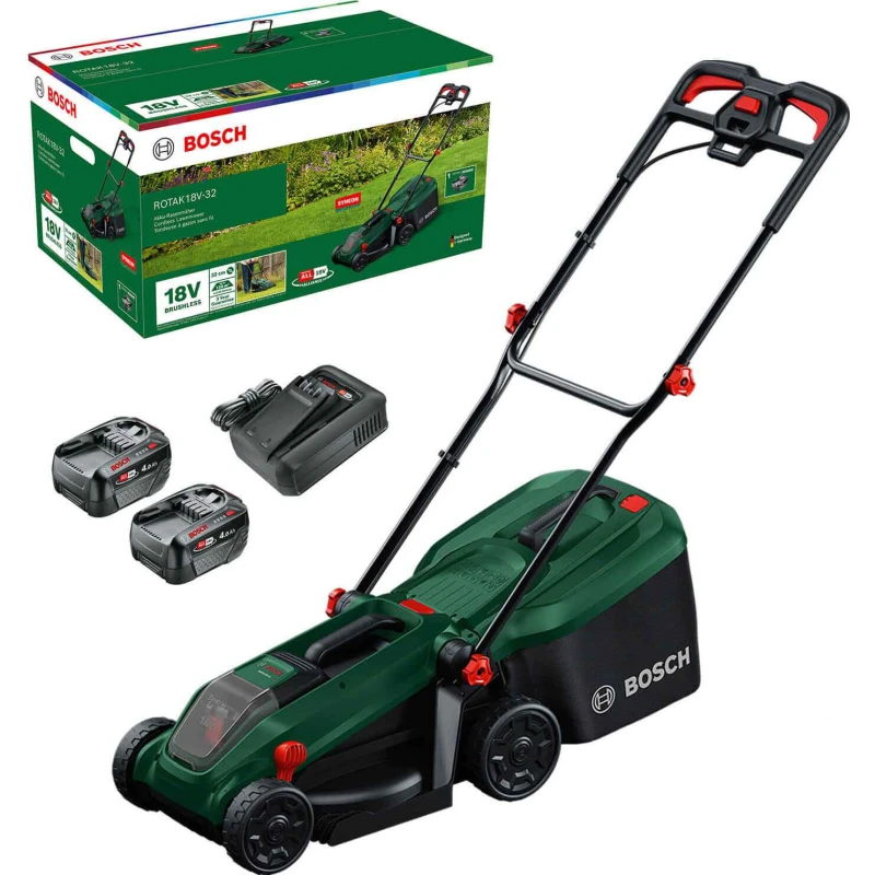 Image of Bosch ROTAK 18V-32 P4A 18v Cordless Brushless Rotary Lawnmower 320mm 2 x 4ah Li-ion Battery Charger ROTAK 18V-32