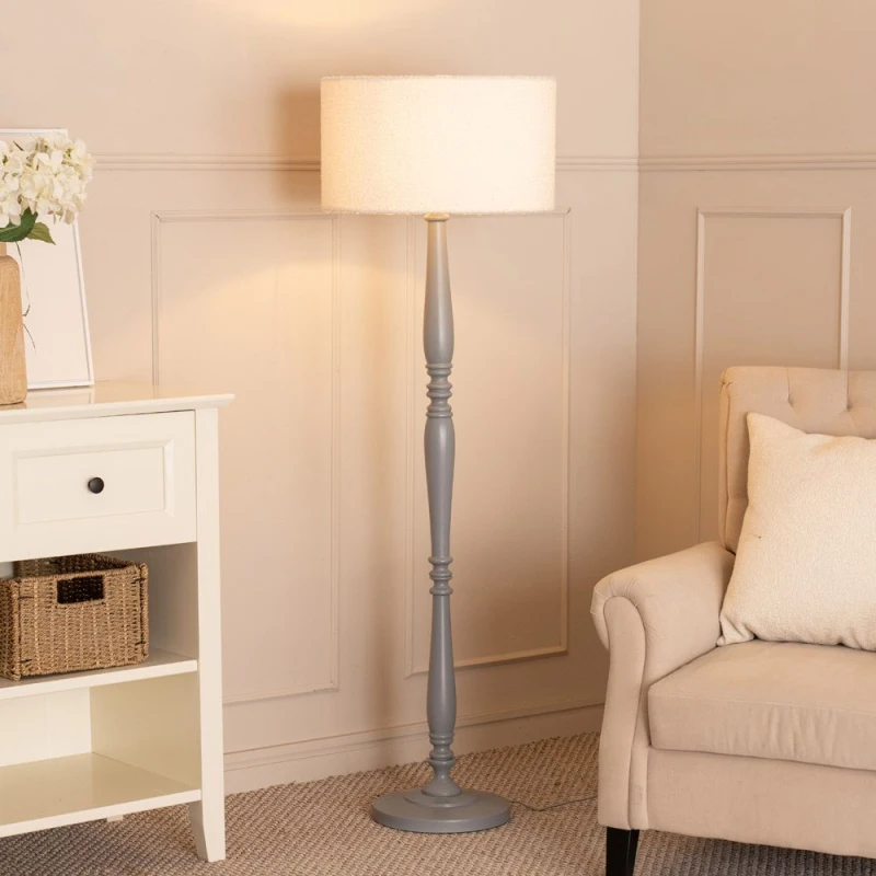 Image of ValueLights Victoria Candlestick Grey Wood Floor Lamp with Cream Boucle Drum Lamp Shade Grey