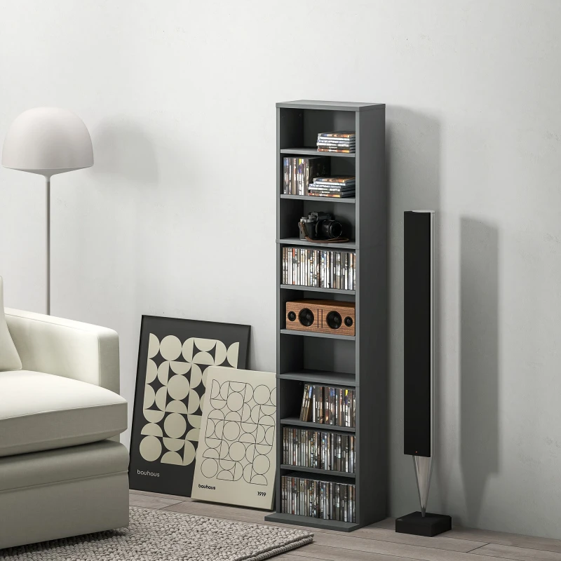 Image of HOMCOM 260 CD Storage Unit 120 DVD Storage Tower with 9 Compartments Grey 836-596V00GY